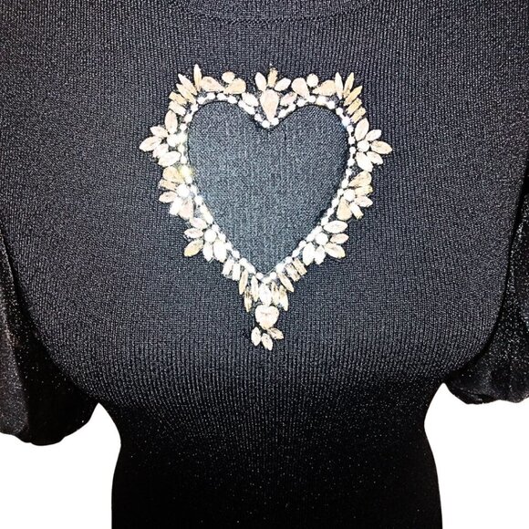 PASTEL COLLECTIONS BLACK KNIT MIDI DRESS W/ SHEER PUFF SLEEVES & CRYSTAL HEART - Picture 4 of 7